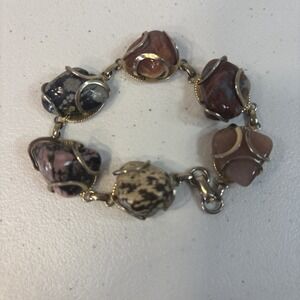 Vintage Gold Tone Beautiful Stone Wrapped Link Chain Bracelet MCM Boho 60s-70s